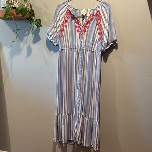 St. John's Bay Blue Stripe Button Down Dress With Red Embroidery Midi Flowy